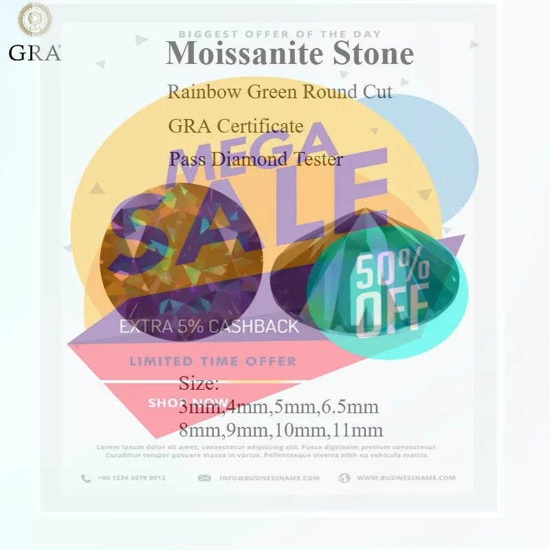 Gra Certificate Loose Moissanite Stone - 모이사나이트 원석, 둥근 컷, 무지개빛 녹색,