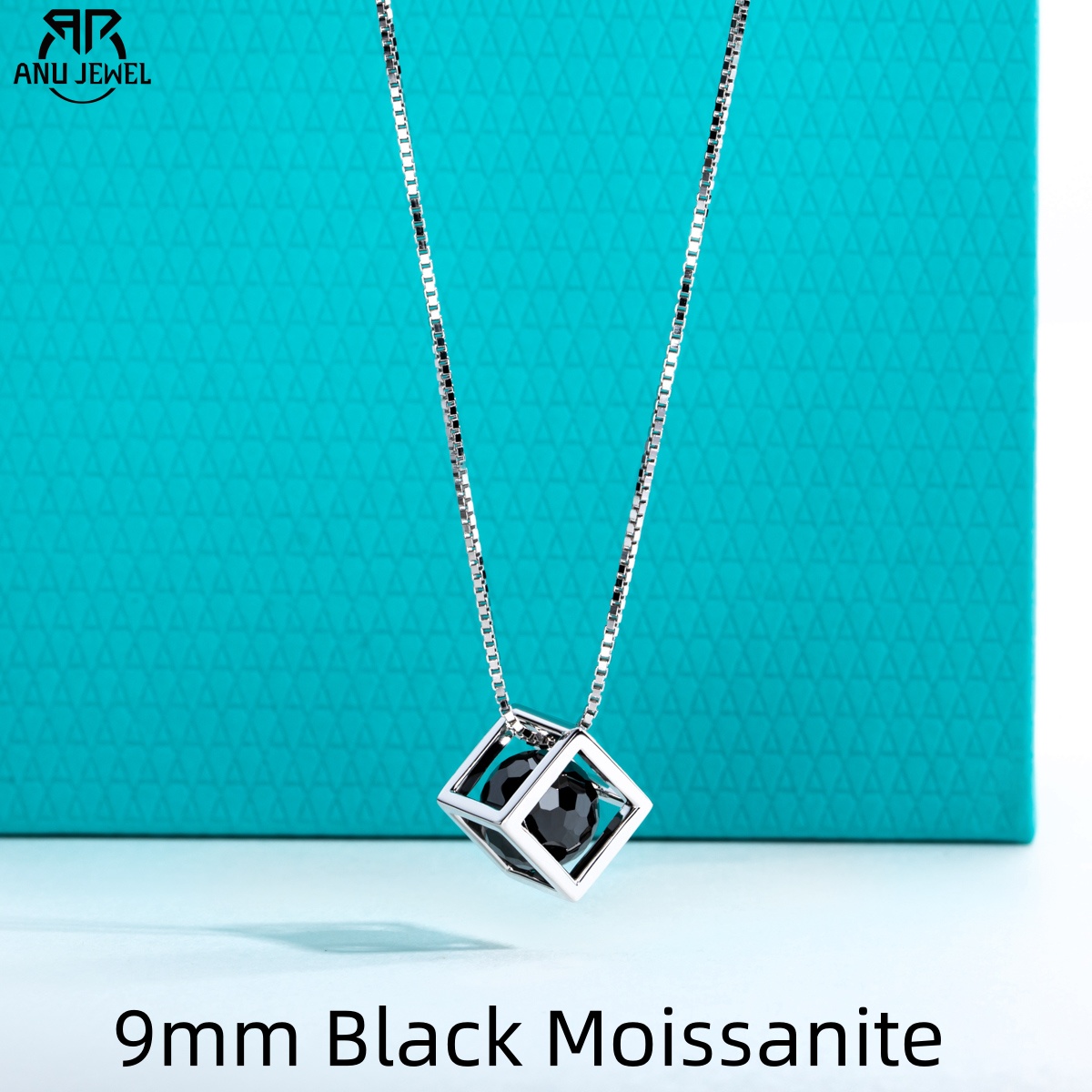 Moissanite Pendant Necklace Solitaire - AnuJewel 8mm 4ct 구형 컷 블랙
