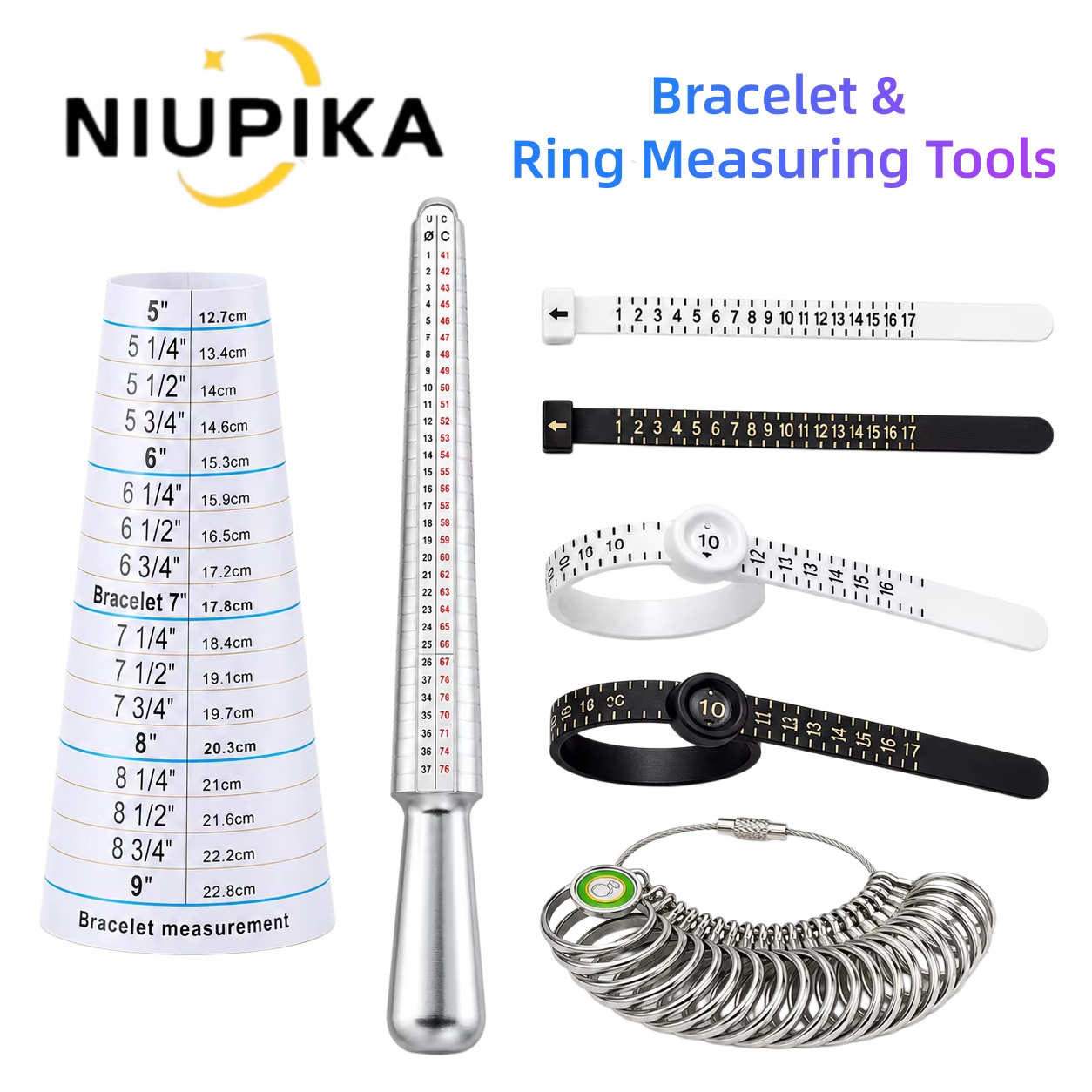 Ring Sizer Measuring Tool Mandrel Set - NIUPIKA 전문가용 금속 반지 사이즈 측정