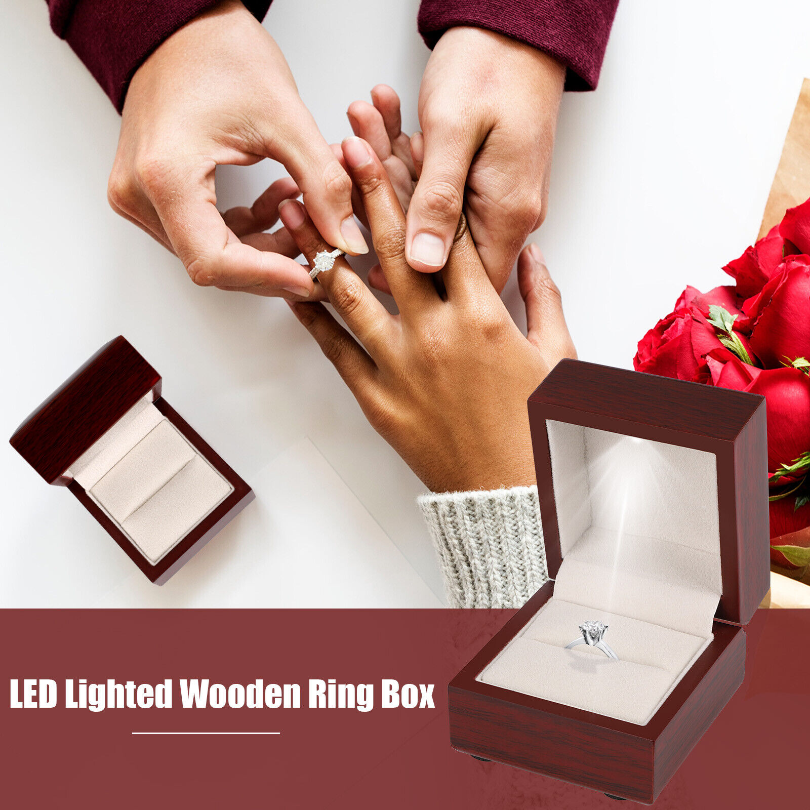 1개 LED 조명이 있는 나무 반지 상자 레드 벨벳,  - Velvet Ring Box Led Light Proposal 리뷰 및 가격